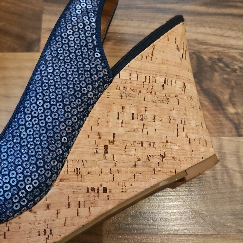 Sperry Navy Sequin Slingback Cork Wedges with Bow - Picture 9 of 12